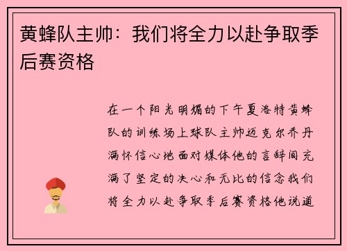 黄蜂队主帅：我们将全力以赴争取季后赛资格