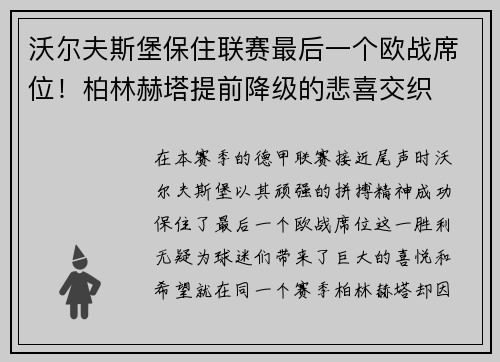 沃尔夫斯堡保住联赛最后一个欧战席位！柏林赫塔提前降级的悲喜交织