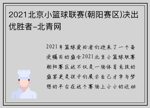 2021北京小篮球联赛(朝阳赛区)决出优胜者-北青网