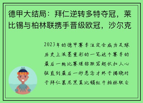 德甲大结局：拜仁逆转多特夺冠，莱比锡与柏林联携手晋级欧冠，沙尔克不幸降级